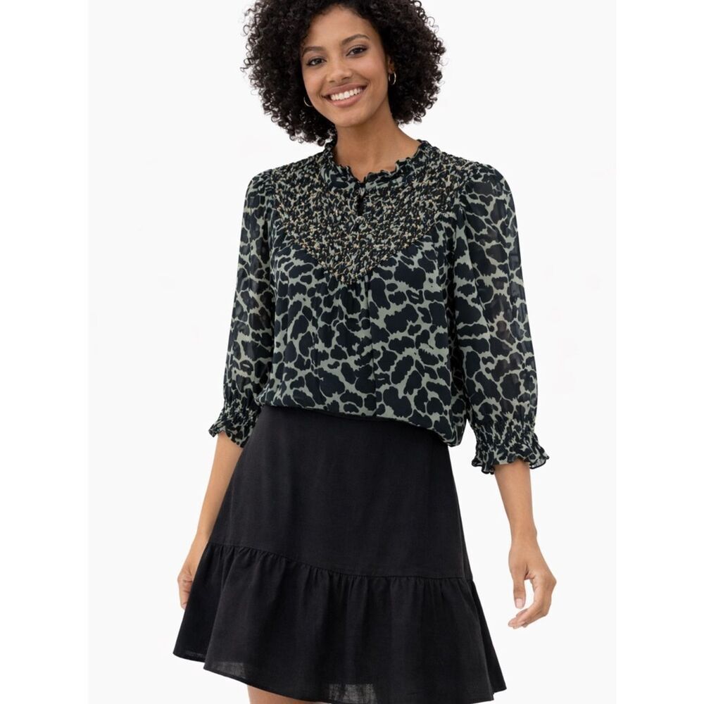 NWT Olivia James Smocked Boho Blouse Green Black Gold Thread Anthropologie Style